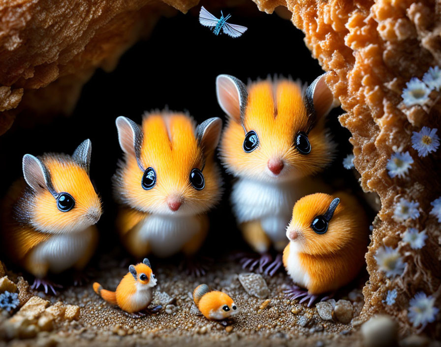 Four animated chipmunks with a tiny one in a burrow, dragonfly, and flowers.