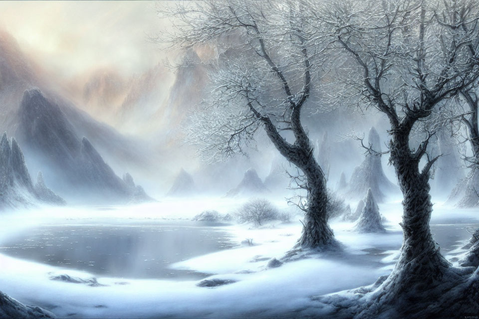 Winter landscape with frozen lake, misty mountains, and bare trees in hazy glow