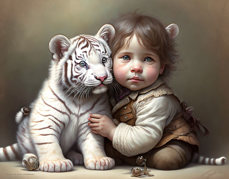 Toddler with Chestnut Hair Hugs White Tiger Cub peacefully