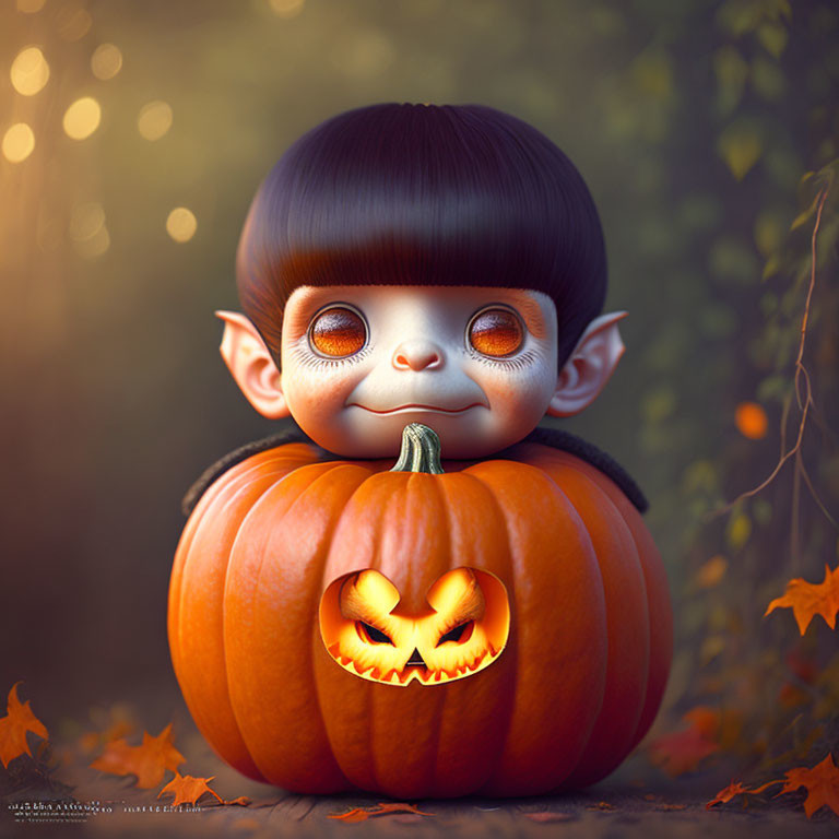 Fantastical character with large eyes and bowl-cut emerging from carved pumpkin among autumn leaves