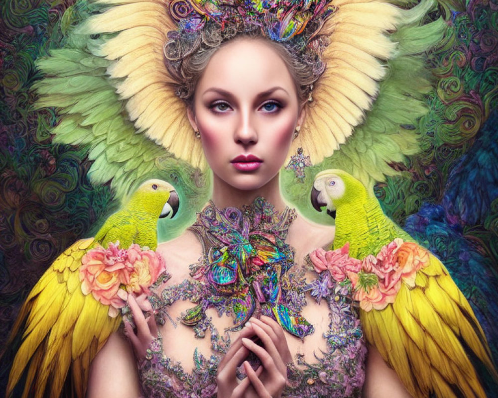 Colorful Woman with Feathered Headdress and Parrots on Vibrant Background