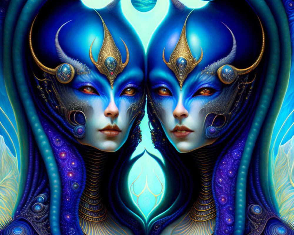 Fantasy creatures with blue skin and golden details in symmetrical digital art.