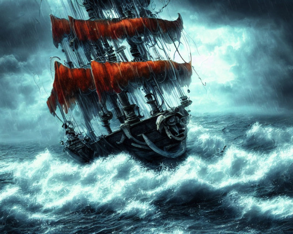 Large ship with red sails navigating stormy ocean waves under dramatic sky