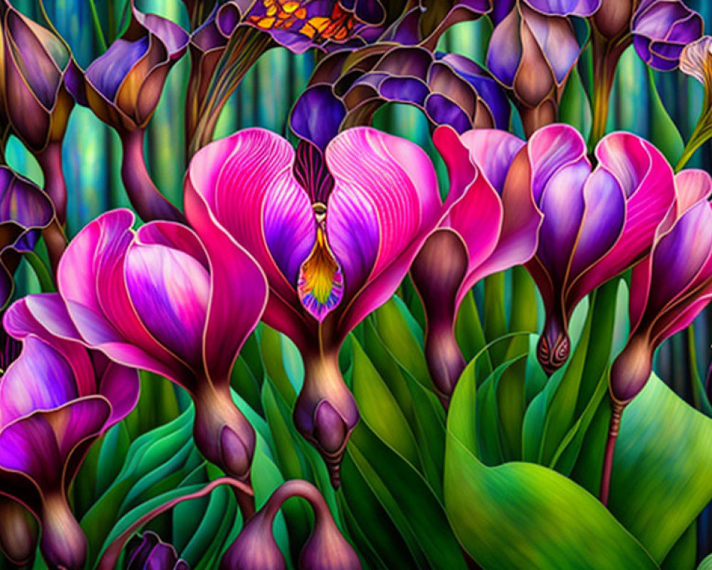 Colorful Stylized Purple Calla Lilies in Vibrant Floral Scene