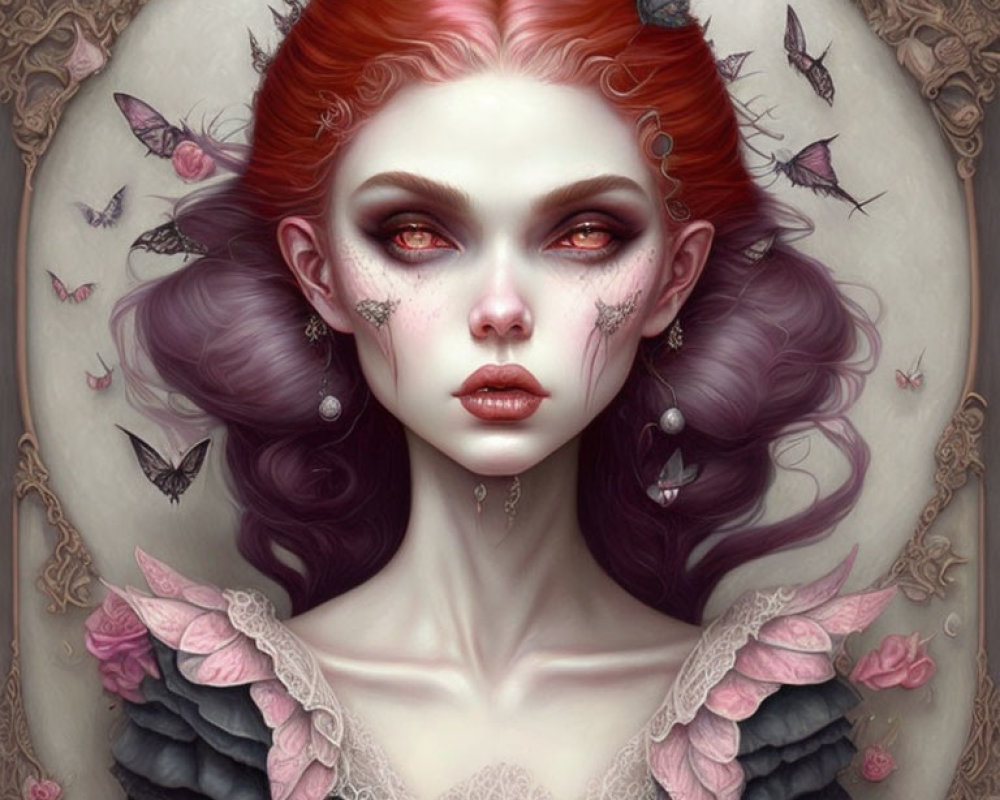 Fantasy portrait of female with red hair and pointed ears, adorned with elaborate makeup, surrounded by butterflies