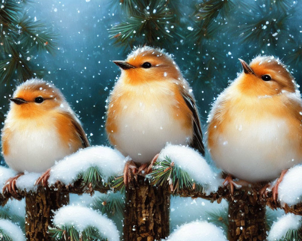 Three plump birds on snow-dusted pine branch in falling snowflakes