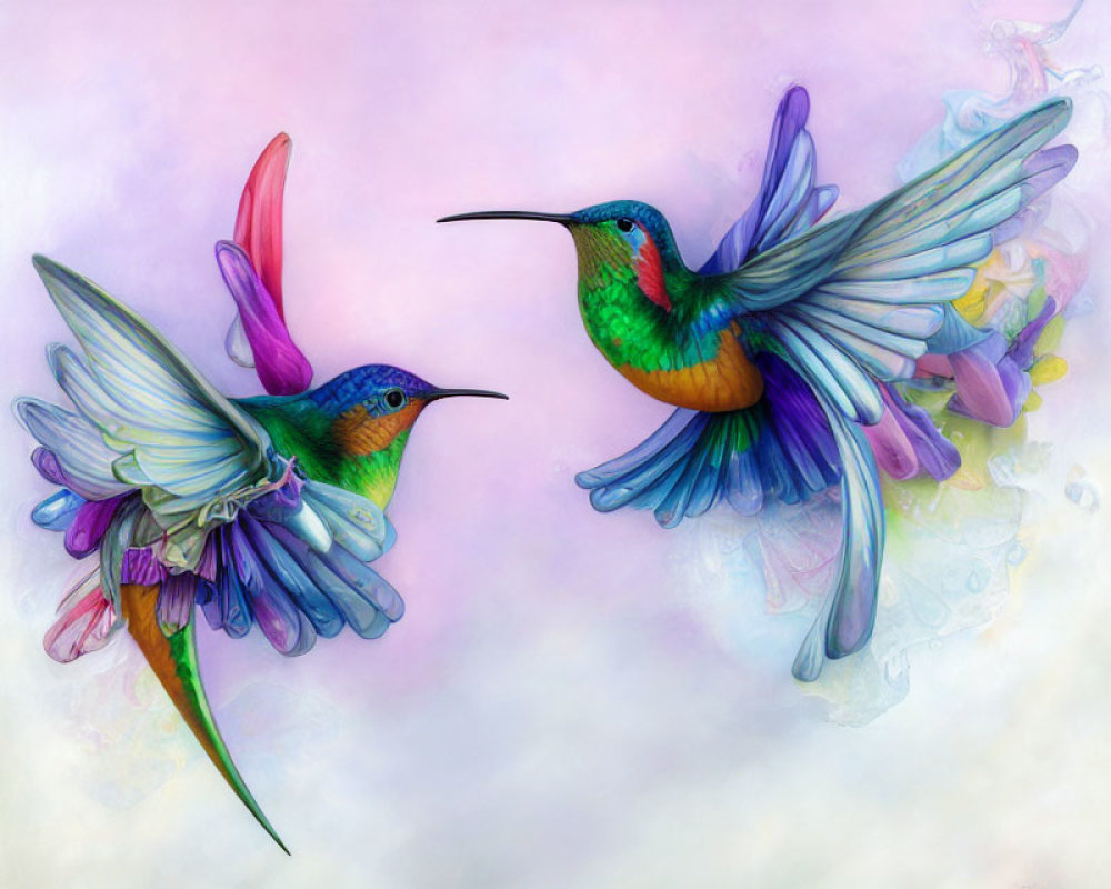 Vibrantly colored hummingbirds with outspread wings near flowers on pastel background