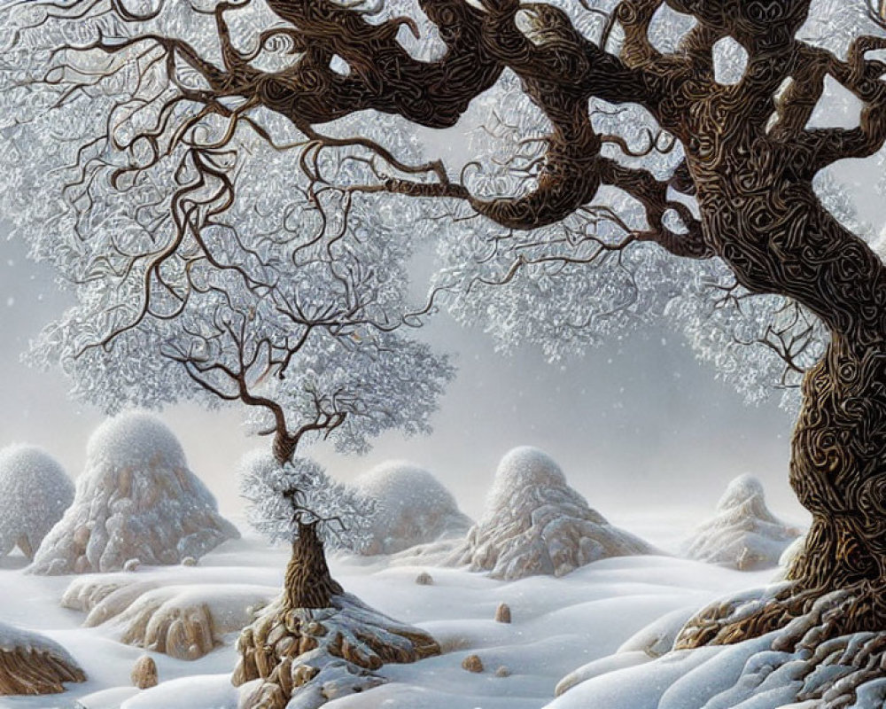 Detailed Winter Landscape with Intricate Tree in Snowy Setting