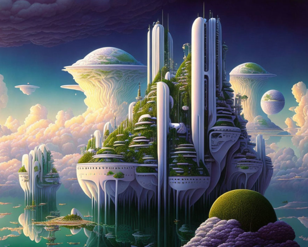 Futuristic cityscape with skyscrapers, greenery, and floating islands