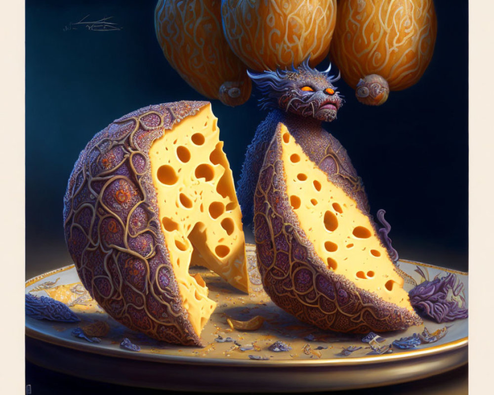 Whimsical blue cat-like creature on ornate cheese wedge against dark backdrop