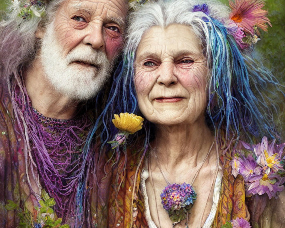 Elderly couple in whimsical attire with colorful hair and flowers sharing a tender moment