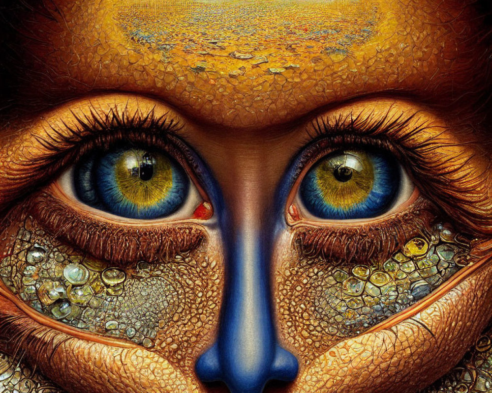 Surreal close-up of face with vivid blue eyes and golden landscape