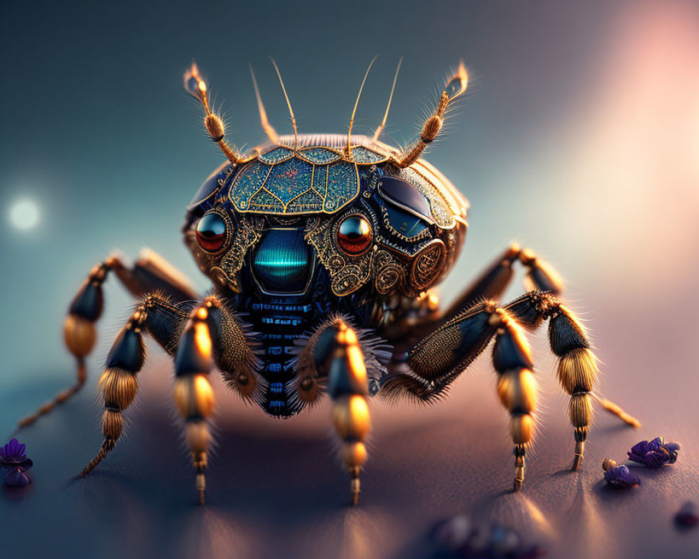 Steampunk-style metallic insect with glowing elements among flowers