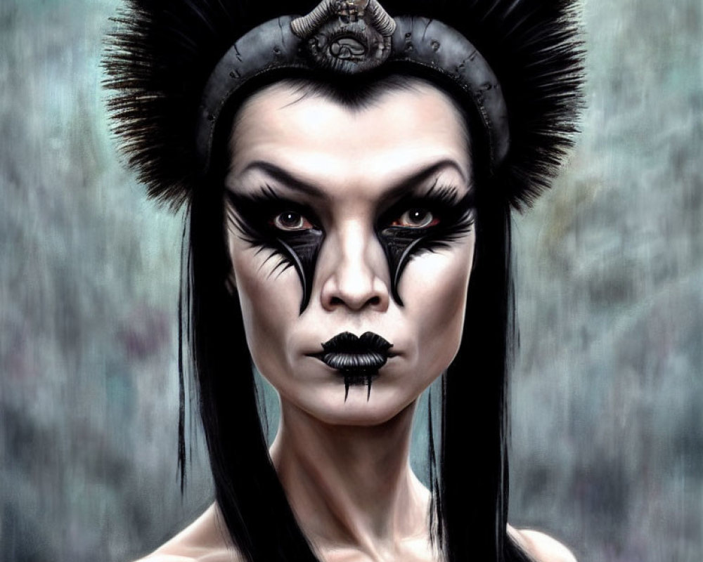 Digital painting of person with dramatic black and white makeup and ornate headdress