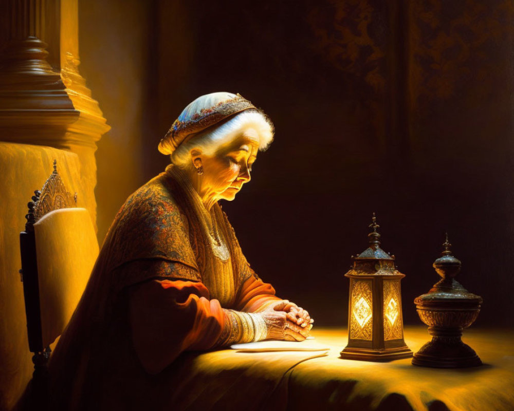 Elderly woman in traditional attire sitting at table illuminated by lantern's glow