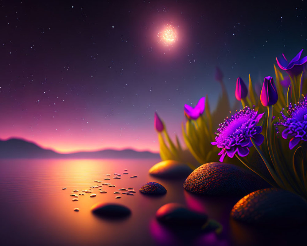 Tranquil lakeshore at twilight with tulips and starlit sky