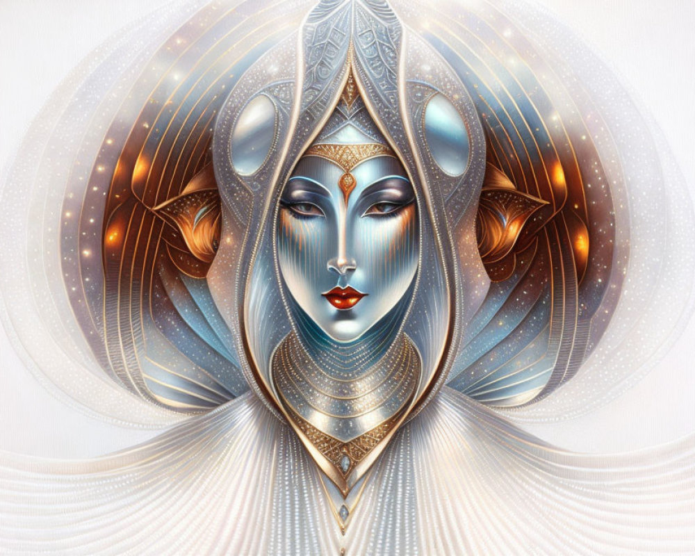 Symmetrical Fantastical Female Figure with Serene Expression in Blue, Gold, and White Tones