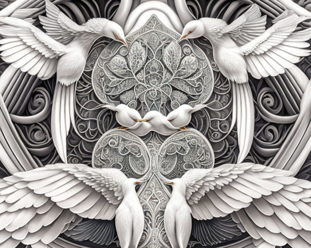 Symmetrical monochromatic artwork with doves and ornate centerpiece