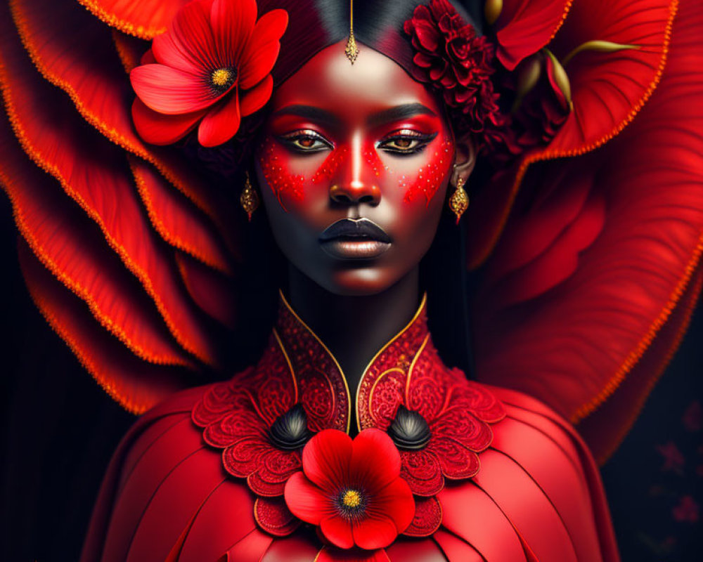 Dark-skinned woman with red floral adornments and intricate patterns