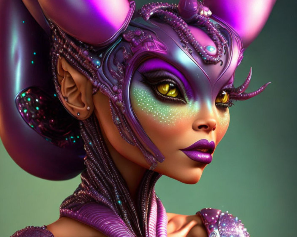 Fantasy digital art of female character in purple armor with pointed ears and yellow eyes