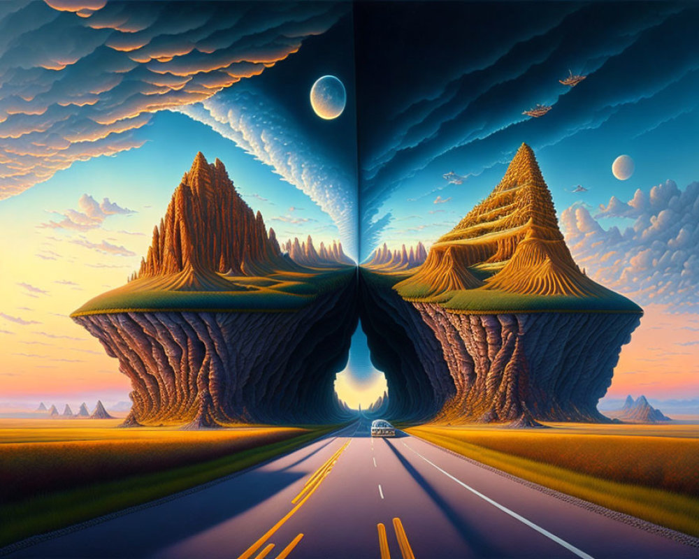 Surreal landscape with mirror-image mountain pass, split sky, and dual moons