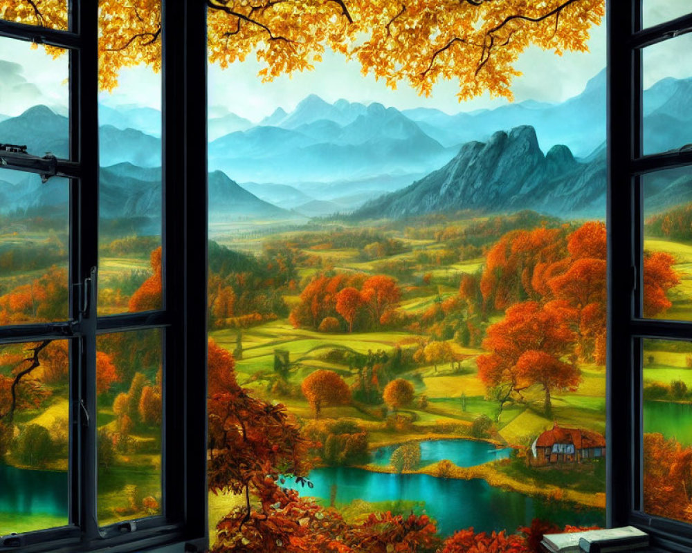 Autumn landscape with colorful trees, lake, and mountains view.