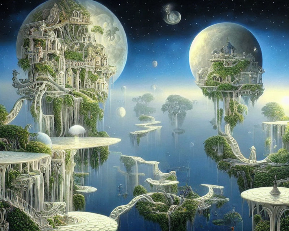 Fantasy landscape with floating islands, palaces, waterfalls, and multiple moons