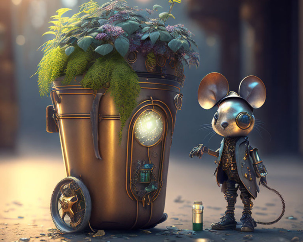 Steampunk mouse with goggles next to overgrown trash can and lantern.