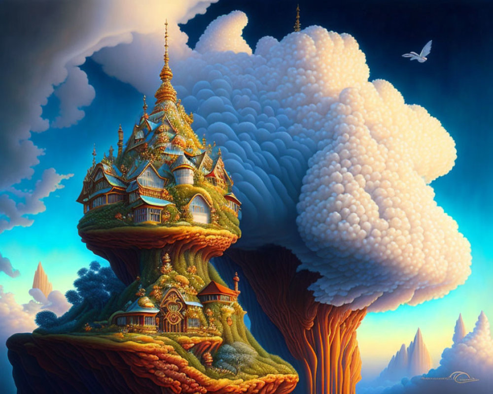 Ornate temple on floating landmass with lush greenery and towering clouds