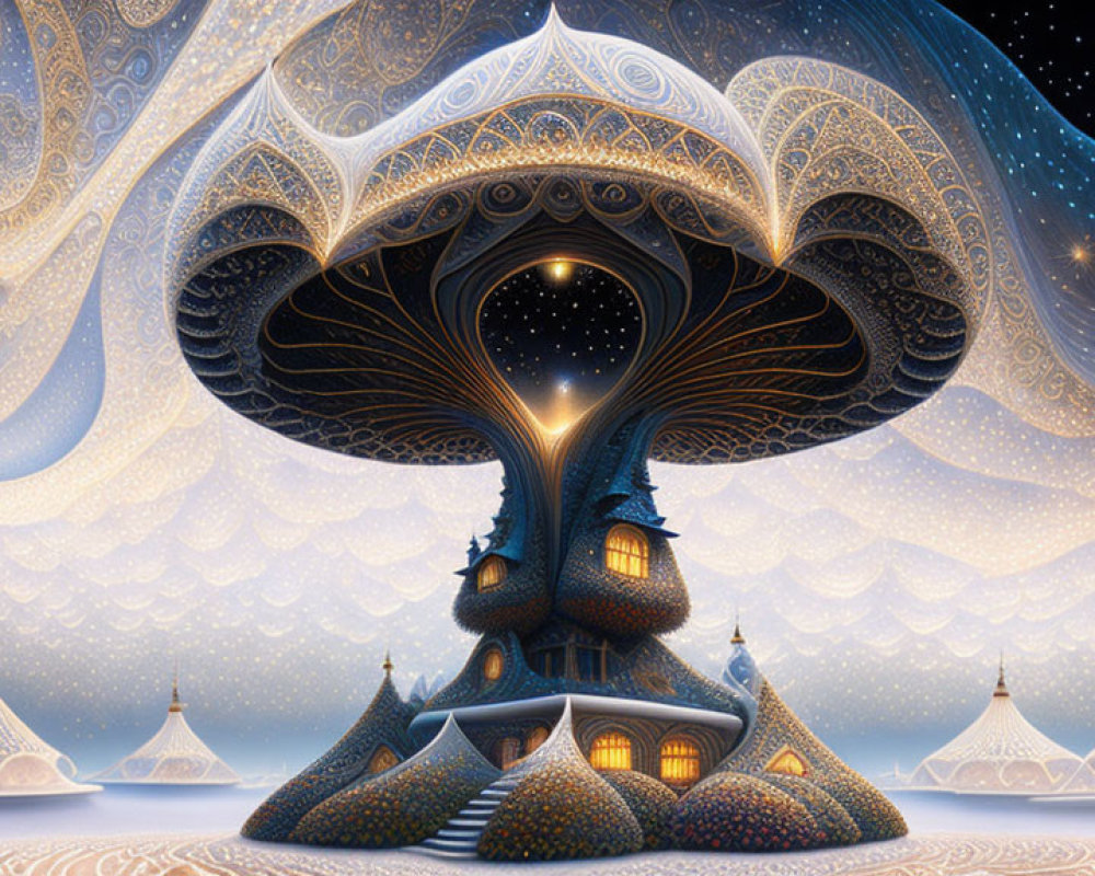 Surreal mushroom-shaped structure in fantasy landscape with tent-like buildings under starry sky