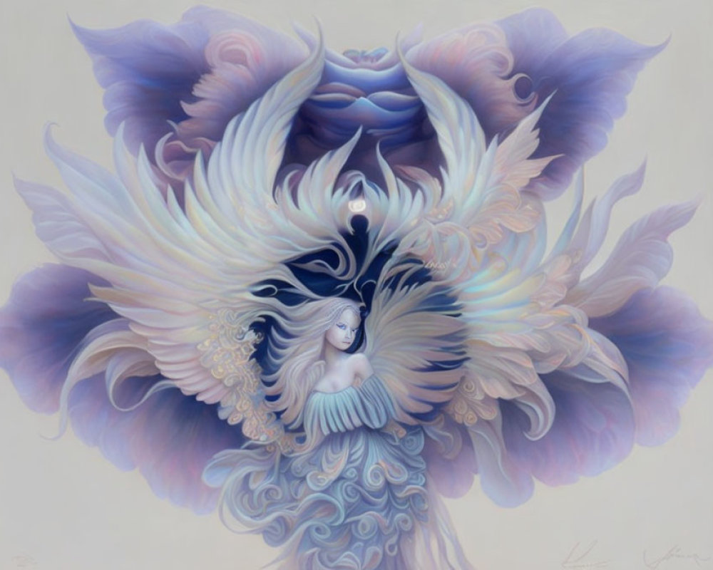 Surrealist painting of woman embraced by floral and feather-like patterns