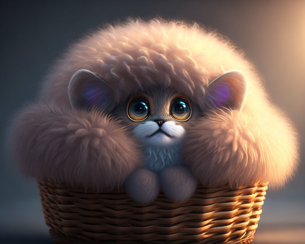 Fluffy cartoonish creature in wicker basket with expressive eyes