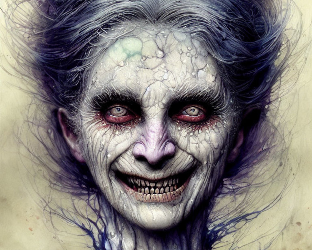 Detailed Illustration of Character with Clown-Like Makeup and Red Eyes