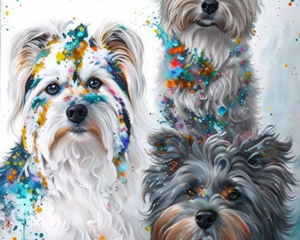 Colorful, whimsical dogs in splatter-paint style on starry background