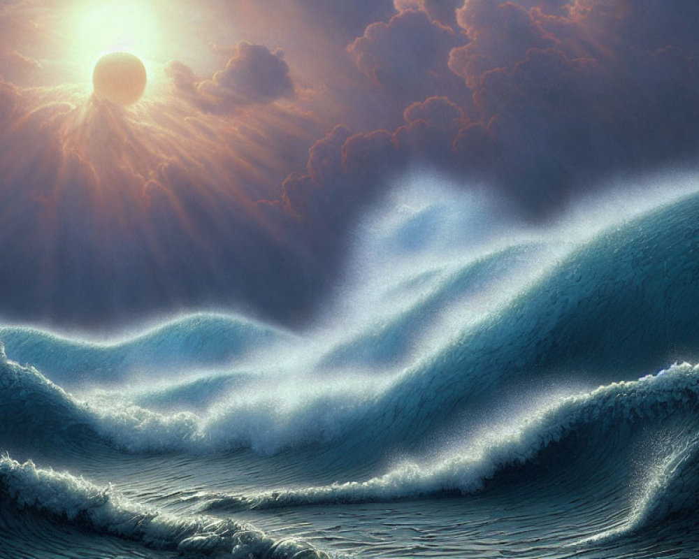 Tranquil seascape with glistening waves and dramatic sky