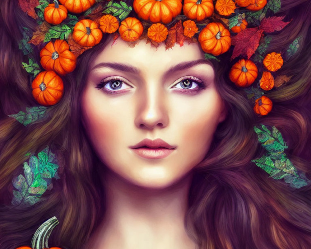 Digital artwork: Woman with pumpkin crown & autumn leaves in hair