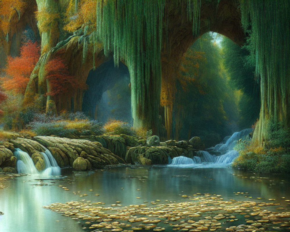 Tranquil forest landscape with moss-covered rock, waterfalls, and autumn trees