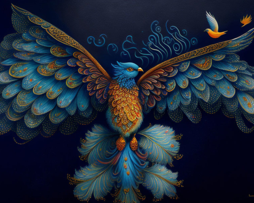 Mythical bird painting with intricate feather patterns in blues and golds