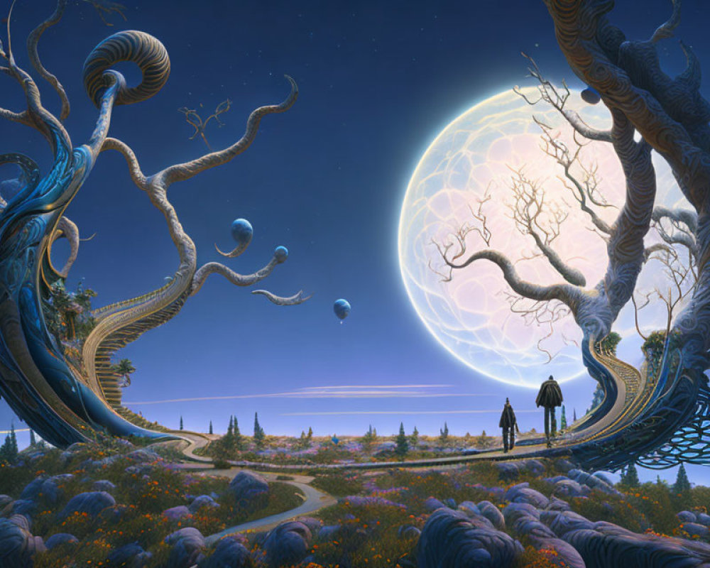 Surreal landscape with giant moon, twisted trees, floating orbs, and starry sky