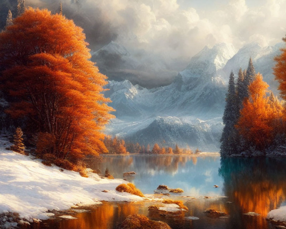 Tranquil winter landscape with lake, snow, trees, and mountains