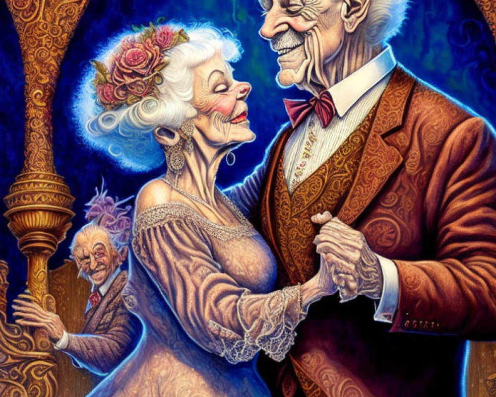 Elderly couple in elegant attire dancing joyfully