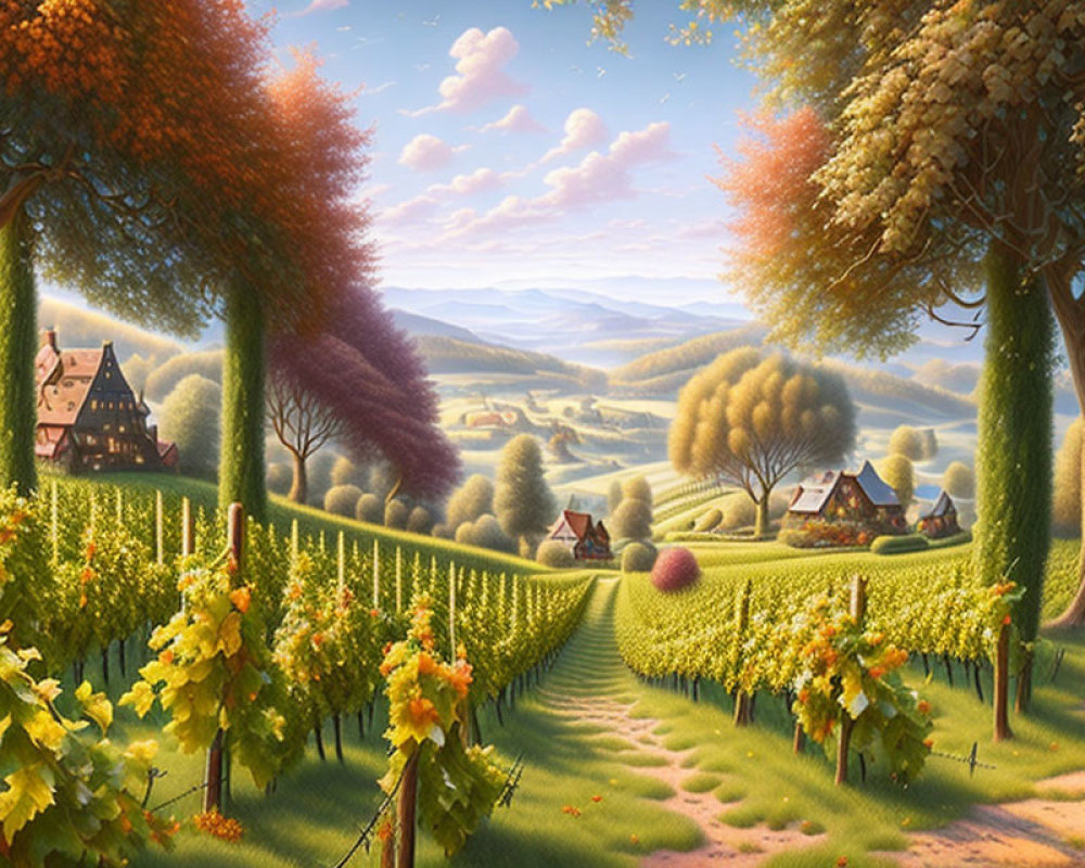 Colorful Vineyard Landscape with Rolling Hills and Quaint Cottages