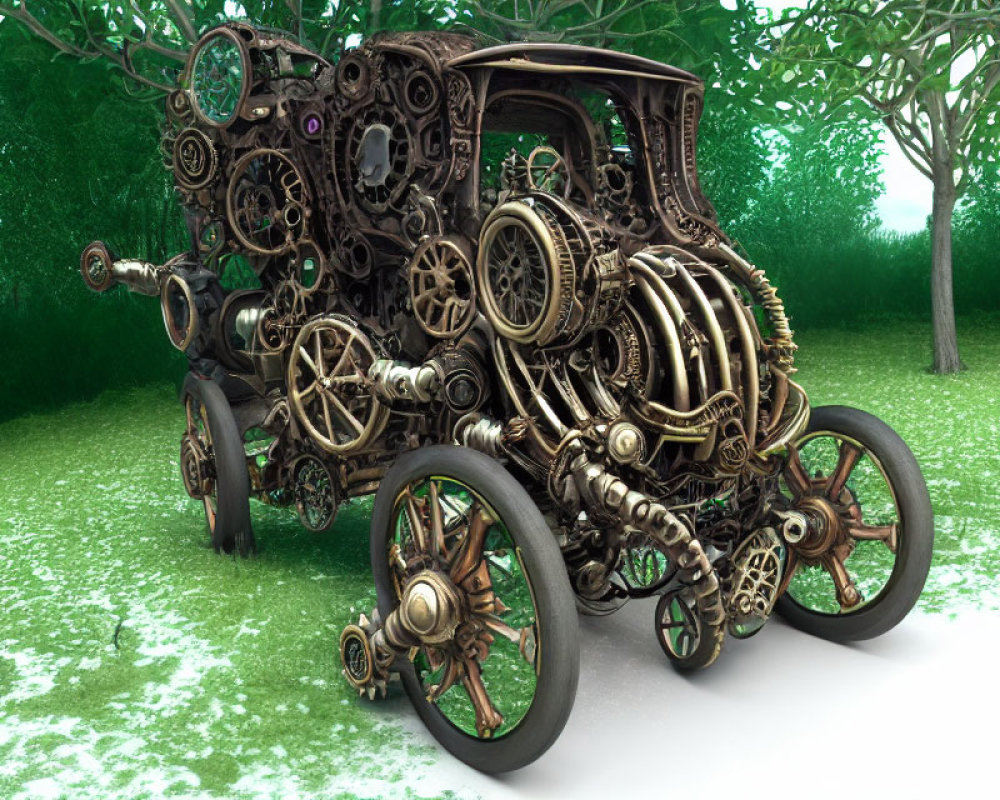 Steampunk-style Carriage with Ornate Gears in Lush Green Setting