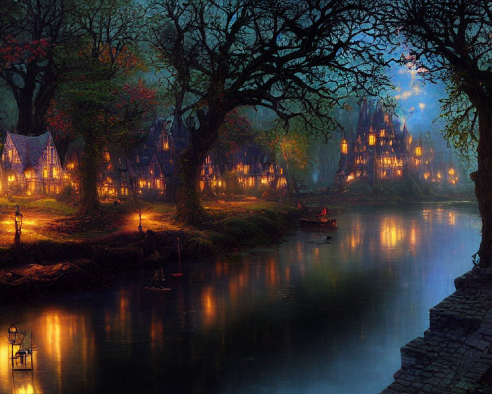 Tranquil fantasy village scene at twilight with castle, river, lanterns, and rowboat