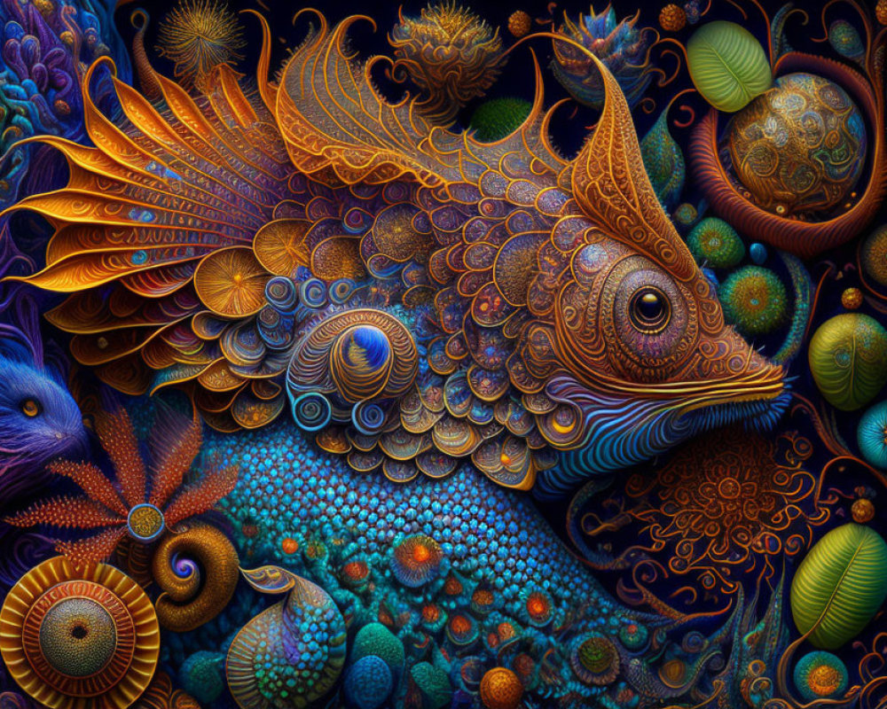 Colorful ornate fish swimming among vibrant marine life and flora.