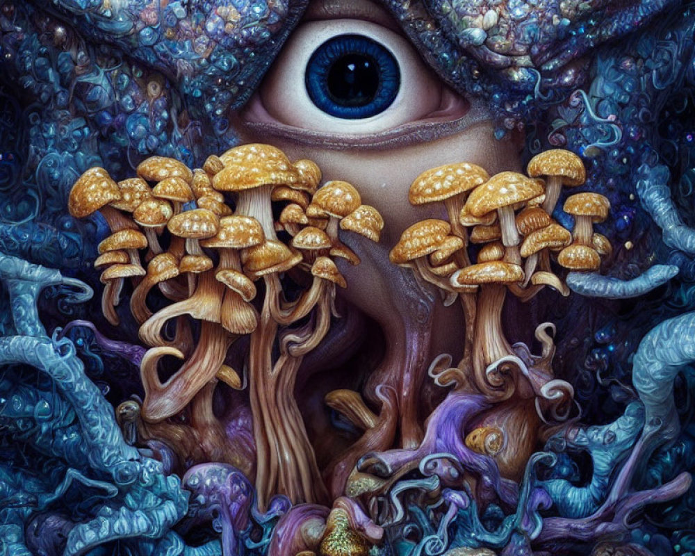 Surreal image with human eye, mushrooms, roots, and swirling patterns