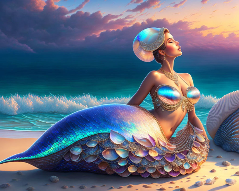 Mermaid illustration on beach at sunset with shimmering tail.