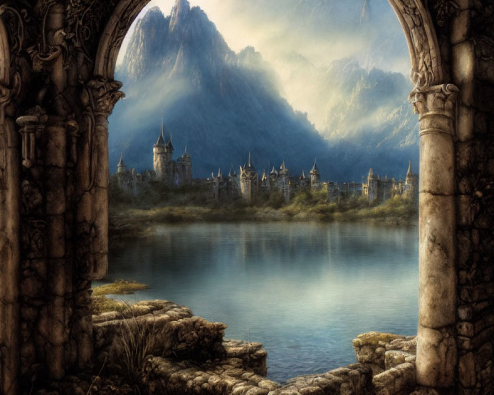 Castle by Lake: Serene Landscape with Stone Arches & Misty Mountains