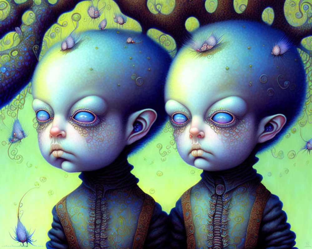 Surreal blue-skinned humanoid creatures with large eyes in whimsical setting