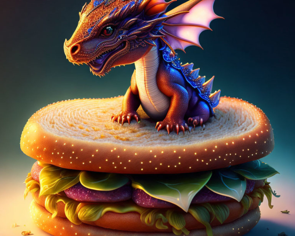 Tiny dragon with orange and blue scales on classic burger with lettuce, cheese, and meat